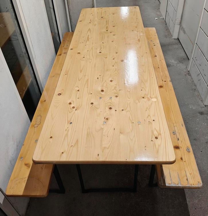 Lange biertafel met 2 banken - 220x70cm - Opklapbaar, Tuin en Terras, Tuintafels, Zo goed als nieuw, Rechthoekig, Hout, Ophalen