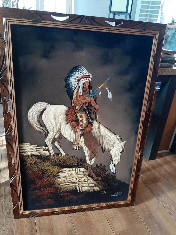 Vintage Jaren 70 Schilderij op Velvet - Native American, Antiek en Kunst, Kunst | Schilderijen | Klassiek, Ophalen