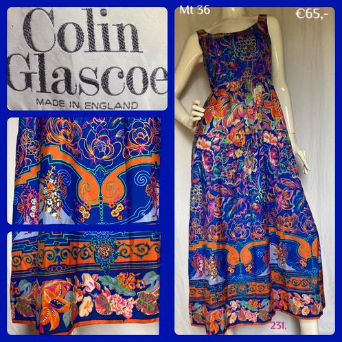 231. Vintage zijden Colin Glascoe jurk mt 36, Kleding | Dames, Jurken, Gedragen, Maat 36 (S), Blauw, Onder de knie, Verzenden