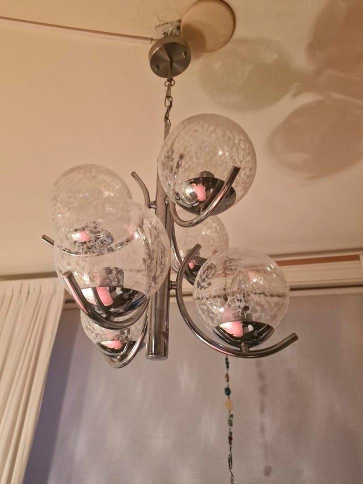 Kroonluchter van richard essig sputnik atom, chroom en glas,, Huis en Inrichting, Lampen | Kroonluchters, Zo goed als nieuw, Glas