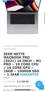Nieuwstaat MacBook Pro 2021 16" m1 16GB 1TB garantie, Computers en Software, Apple Macbooks, Nieuw, 16 inch, Ophalen of Verzenden