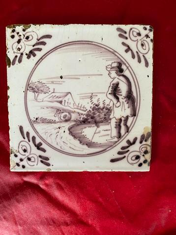 19e EEUWSE MANGAAN KLEURIGE WANDTEGEL (12,8x12,8x0,5cm) beschikbaar voor biedingen