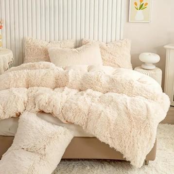 Pluche zachte dekbedovertrek/sprei 2 slopen creme 220x220 beschikbaar voor biedingen