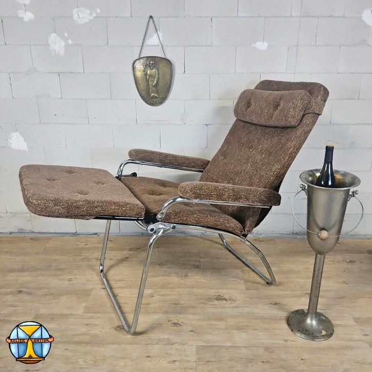 Vintage Verstelbare Relaxfauteuil Chroom /grijs bruin stof, Huis en Inrichting, Fauteuils, Zo goed als nieuw, Metaal, Stof, 50 tot 75 cm