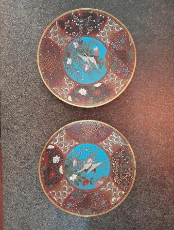 Set prachtige cloisonne wandborden/schalen met kraanvogels  beschikbaar voor biedingen