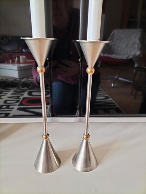 Memphis Milano stijl kandelaars chroom met koper 26 cm hoog, Antiek en Kunst, Antiek | Kandelaars, Koper of Brons, Ophalen of Verzenden