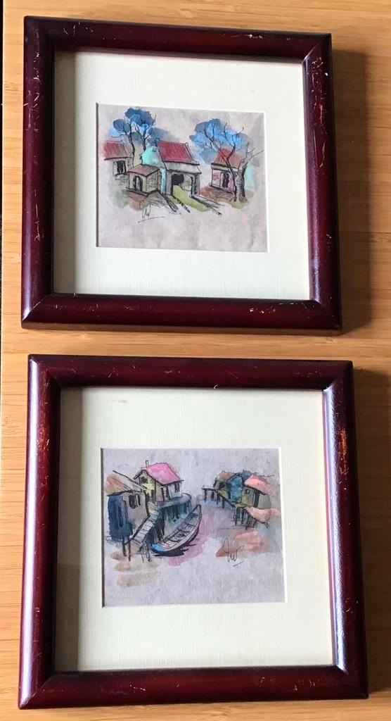 Vietnam - dorpsgezichten - set van 2 aquarellen, Antiek en Kunst, Kunst | Schilderijen | Modern, Ophalen of Verzenden