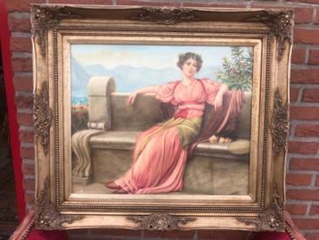 topschilderij; klassieke dame op een stenen bank beschikbaar voor biedingen