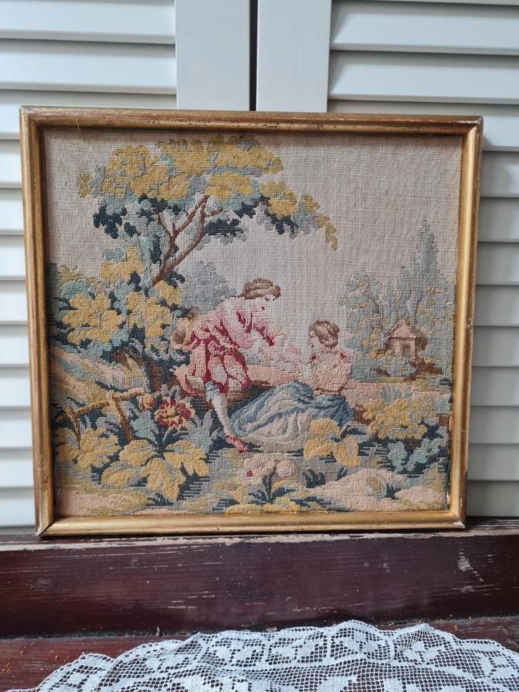 Gobelin Wandtapijt Romantische Scène - Ingelijst, Antiek en Kunst, Antiek | Kleden en Textiel, Ophalen of Verzenden