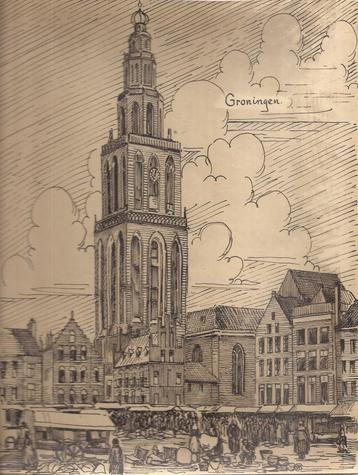 Groningen stadsgezicht Martinitoren Markt Tekening Sievers beschikbaar voor biedingen