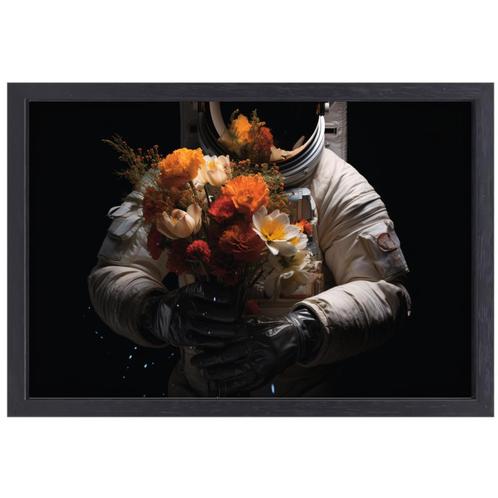 Astronaut met bloemen canvas + baklijst 60x40cm., Huis en Inrichting, Woonaccessoires | Schilderijen, Tekeningen en Foto's, Nieuw