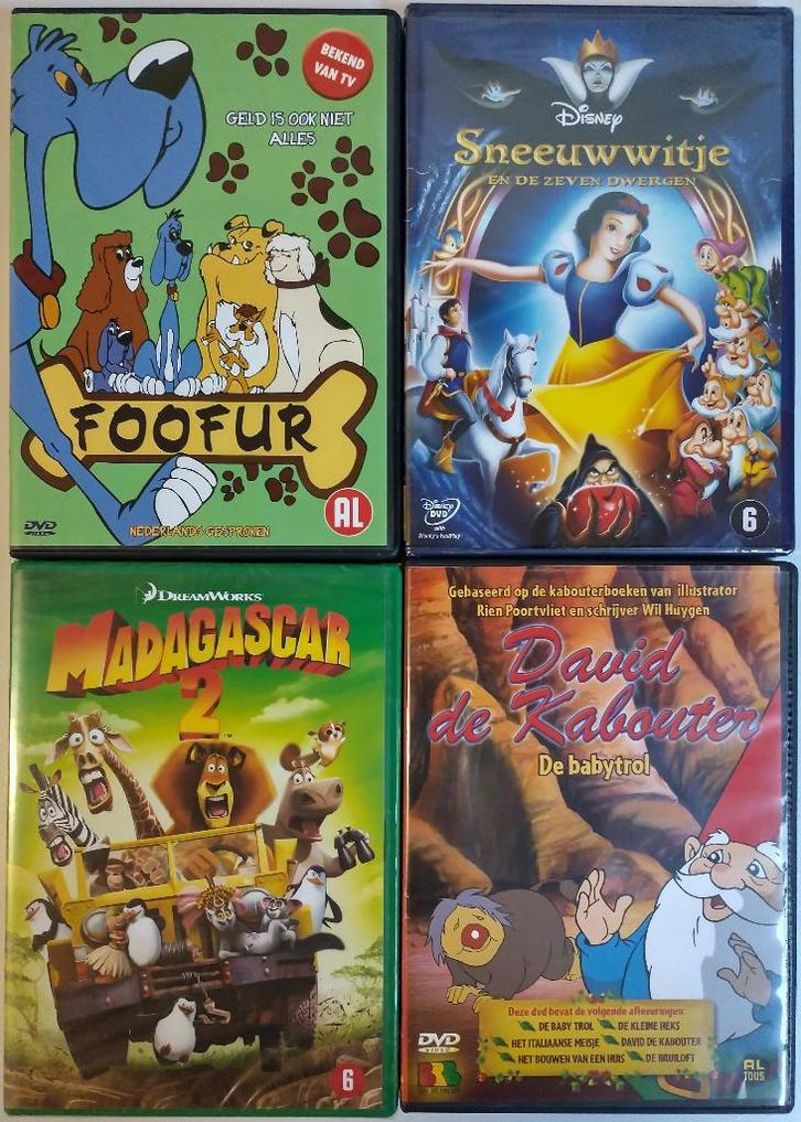 4 DVDs: Foofur, Sneeuwwitje, Madagascar 2, David de Kabouter, Cd's en Dvd's, Dvd's | Kinderen en Jeugd, Zo goed als nieuw, Film