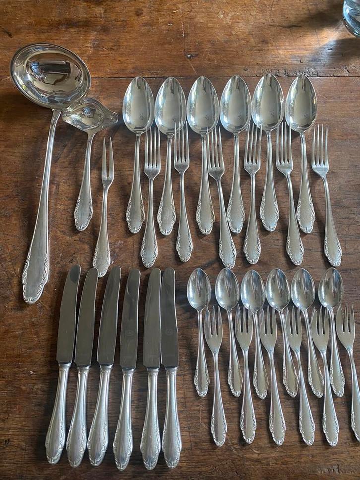 Verzilverd vintage bestek, 32 delig, 6 persoons, igst., Antiek en Kunst, Antiek | Bestek, Ophalen of Verzenden