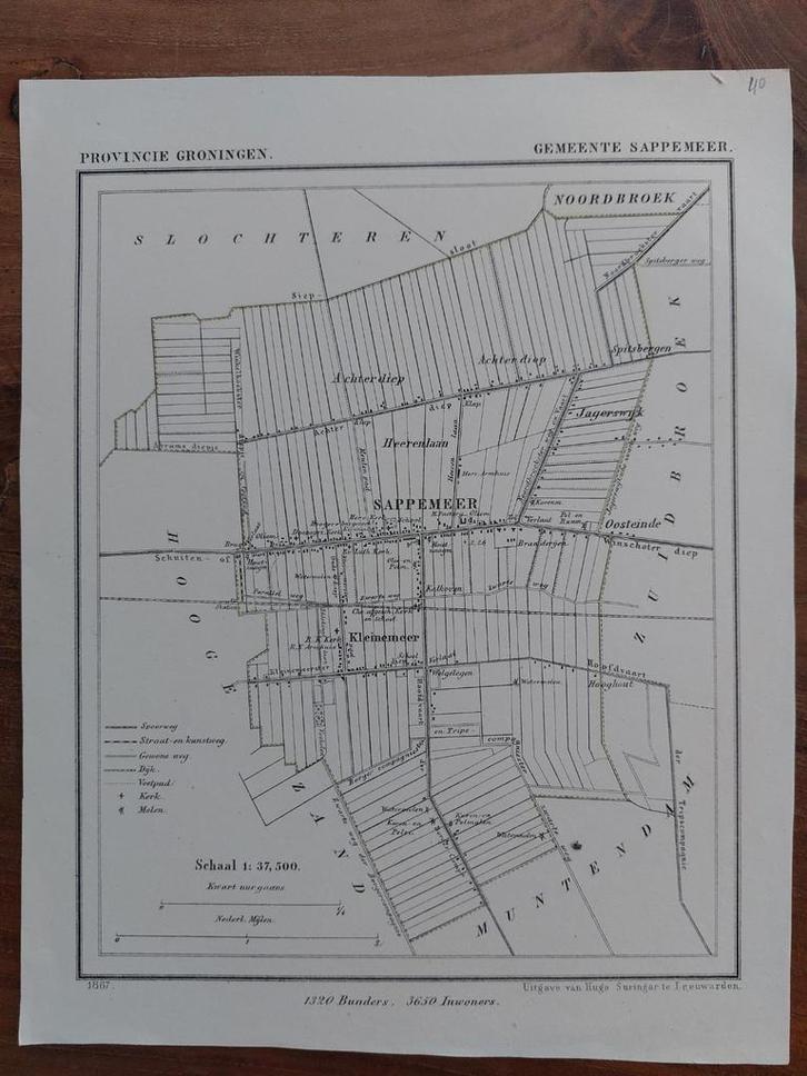 40 / Gemeente Sappemeer Kleinemeer Litho uit 1867 J. Kuyper, Antiek en Kunst, Kunst | Litho's en Zeefdrukken, Ophalen of Verzenden
