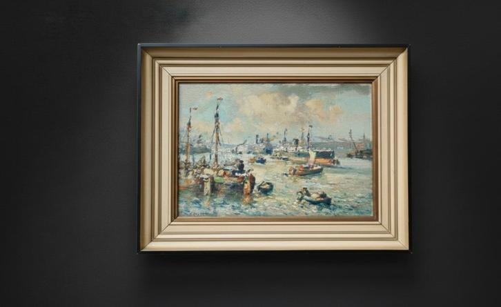 Evert Moll - Sfeervol Havengezicht, Antiek en Kunst, Kunst | Schilderijen | Klassiek, Ophalen of Verzenden