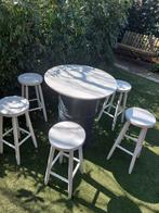 SET VAN 6 VINTAGE HOUTEN BARKRUKKEN MET STATAFEL Z.G.A.N, Huis en Inrichting, Ophalen, Zo goed als nieuw