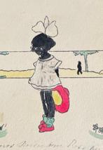 fr meisje black americana grote strik hand painted, Ophalen of Verzenden, Voor 1920, Ongelopen, Overige thema's