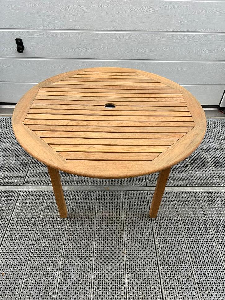 Prachtige teakhouten tuintafel - 115 cm - Gloster, Tuin en Terras, Tuintafels, Zo goed als nieuw, Rond, Teakhout, Ophalen