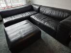 MOET-WEG-PRIJS! Zwarte leren hoekbank incl hocker, Ophalen, 250 tot 300 cm, Gebruikt, Hoekbank