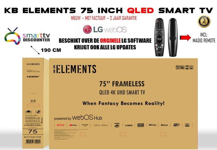 KB ELEMENTS 75 INCH QLED SMART TV, Audio, Tv en Foto, Televisies, Nieuw, QLED, 100 cm of meer, 4k (UHD), Overige merken, 50 Hz