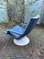 2x Artifort F140 Geoffrey Harcourt fauteuil Blauwgrijs leer, Ophalen, Gebruikt, Metaal, Dutch Design Retro Vintage Loungen Mancave
