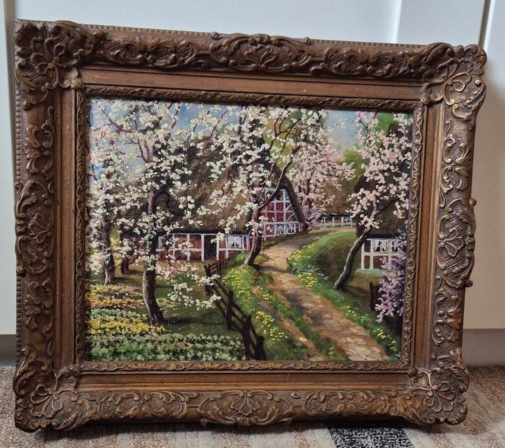 Boeren erf met bloesem bomen., Antiek en Kunst, Kunst | Schilderijen | Klassiek, Ophalen of Verzenden