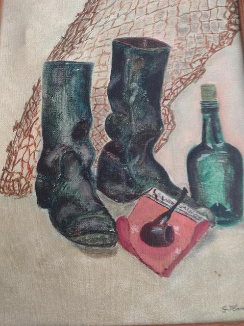 Werk van G Komen  voorstellende Visnet met Laarzen, Antiek en Kunst, Kunst | Schilderijen | Modern, Ophalen of Verzenden