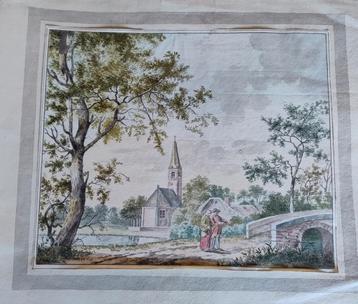  Authentieke 18e eeuwse aquarel van Hollands dorpsgezicht beschikbaar voor biedingen