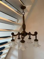 Antieke Oude Bronzen Art Deco Hanglamp met Glazen Kapjes, Ophalen of Verzenden