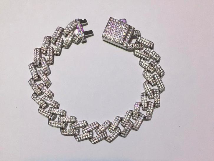 Zilveren Cuban link armband vol moissaniet edelstenen, Sieraden, Tassen en Uiterlijk, Armbanden, Zo goed als nieuw, Zilver, Zilver