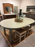 Brocante ronde / ovalen uitschuifbare tafel / eettafel, Huis en Inrichting, Tafels | Eettafels, Ophalen, Studio Larilo, 100 tot 150 cm