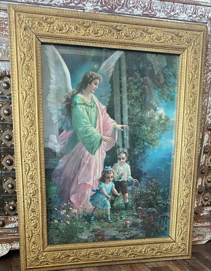Vintage Engel met Kinderen in Oude Lijst, Antiek en Kunst, Kunst | Schilderijen | Klassiek, Ophalen