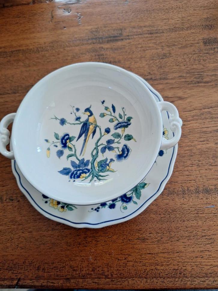 4 Villeroy & Boch Phoenix Blau Soepkommen met Schotel, Huis en Inrichting, Keuken | Servies, Zo goed als nieuw, Kop(pen) en/of Schotel(s)