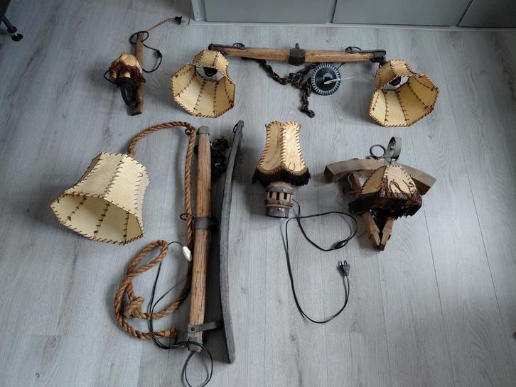 Set " boederij" lampen, met lederen kappen., Antiek en Kunst, Antiek | Lampen, Ophalen