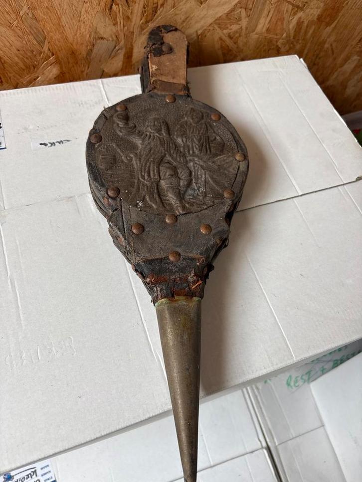 (A) Antieke leren haardblaasbalg met messing tuit  –19e eeuw, Antiek en Kunst, Antiek | Gereedschap en Instrumenten, Verzenden