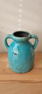 Turquoise vaas met oren, Huis en Inrichting, Woonaccessoires | Vazen, Gebruikt, Blauw, Aardewerk of Porselein, Ophalen of Verzenden