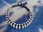 Armband zwart -met gevlochten leer en beads (Size: 17/22cm), Verzenden, Zwart, Leer, Zo goed als nieuw