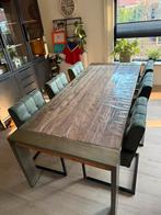 Grote teakwood eetkamertafel met 6 groen suede stoelen, Huis en Inrichting, Tafels | Eettafels, Ophalen, 200 cm of meer, 50 tot 100 cm
