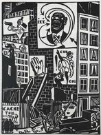 Frans Masereel (1889-1972) Houtsnede 'Stad met reclameposter, Antiek en Kunst, Kunst | Etsen en Gravures, Ophalen of Verzenden