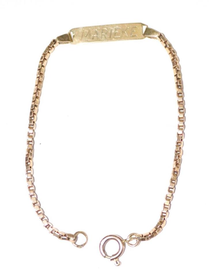 Armband met naamplaat en inscriptie, 14 karaat, Sieraden, Tassen en Uiterlijk, Armbanden, Gebruikt, Goud, Goud, Verzenden