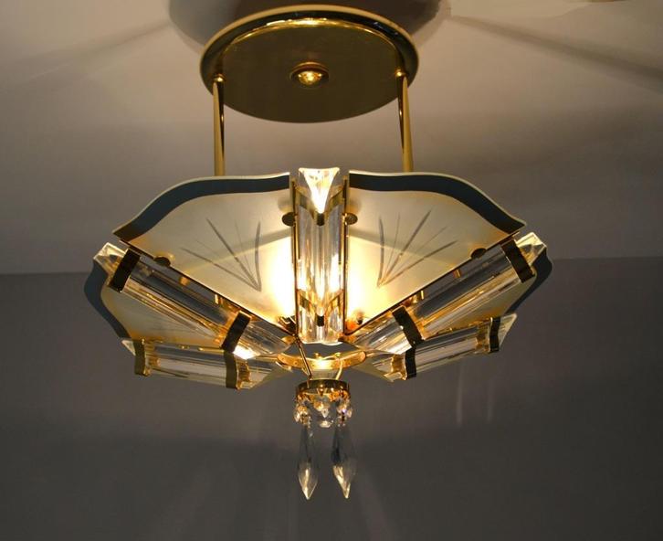 Vintage gouden Regency lamp / Novaresi-, Venini style 1970, Huis en Inrichting, Lampen | Plafondlampen, Gebruikt, Glas, Metaal
