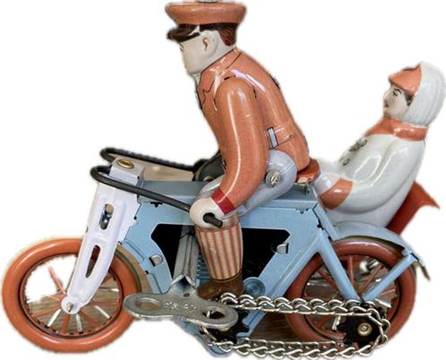 Replica vintage tinnen speelgoed Motor met zijspan man vrouw, Antiek en Kunst, Antiek | Speelgoed, Ophalen