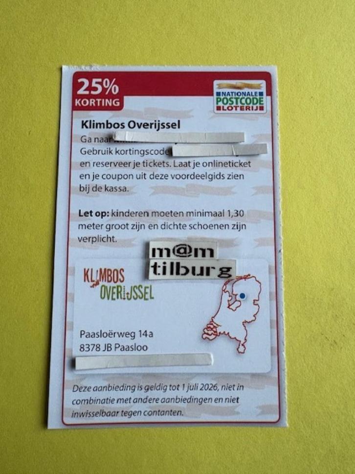 Klimbos Overijssel 25% korting, Tickets en Kaartjes, Kortingen en Cadeaubonnen, Drie personen of meer, Overige typen, Kortingsbon