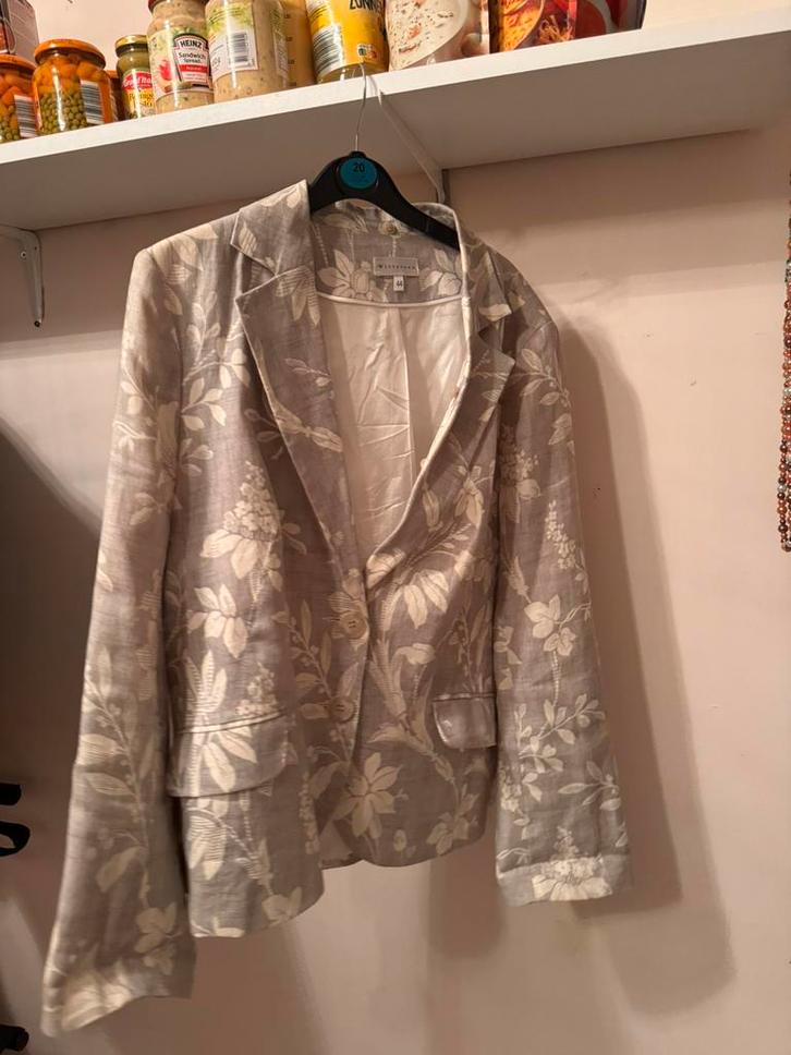 Linnen Blazer met Bloemenprint, Kleding | Dames, Jasjes, Kostuums en Pakken, Zo goed als nieuw, Maat 42/44 (L), Grijs, Ophalen of Verzenden
