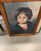 Olieverfschilderij van huilende jongen in houten lijst, Ophalen of Verzenden