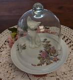 Mooie brocante bonbon/koekjesschaal, stolp, poes, roze bloem, Antiek en Kunst, Ophalen