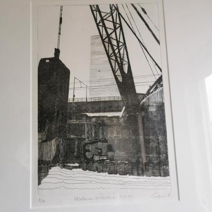 Gesigneerd Kunstwerk Wijnhaven Rotterdam Haven Ets Litho '88, Antiek en Kunst, Kunst | Etsen en Gravures, Ophalen of Verzenden