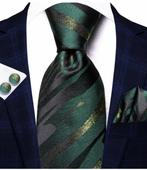 100% zijde Stropdas Pochet Manchetknopen Groen Goud -NIEUW-, Ophalen of Verzenden, Nieuw, Groen, Met patroon