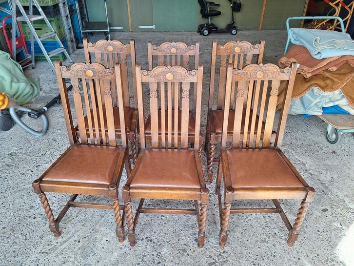 6 keer antieke eetkamerstoelen eetkamerstoel stoel eiken, Huis en Inrichting, Stoelen, Gebruikt, Vier, Hout, Leer, Bruin, Ophalen
