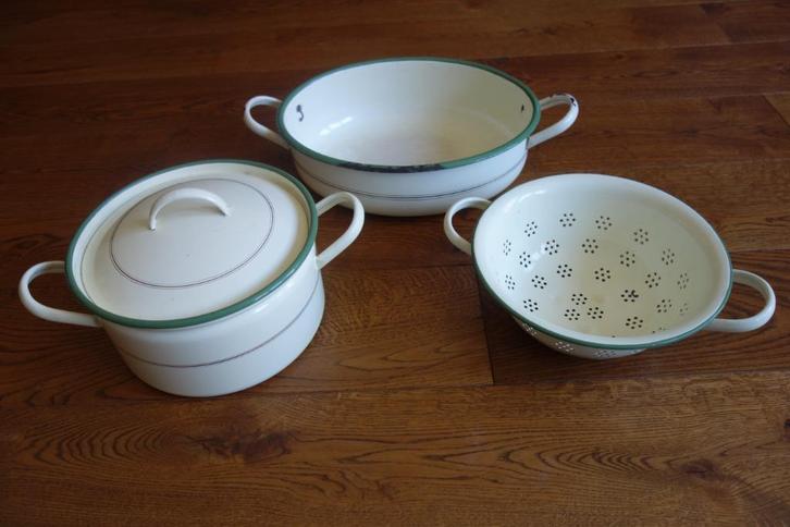 Emaille pan, vergiet en teil, Antiek en Kunst, Antiek | Emaille, Ophalen of Verzenden